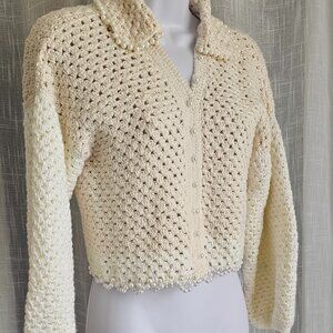Women's Button Down Crop Handmade Pearl Details Cardigan Size S NEW